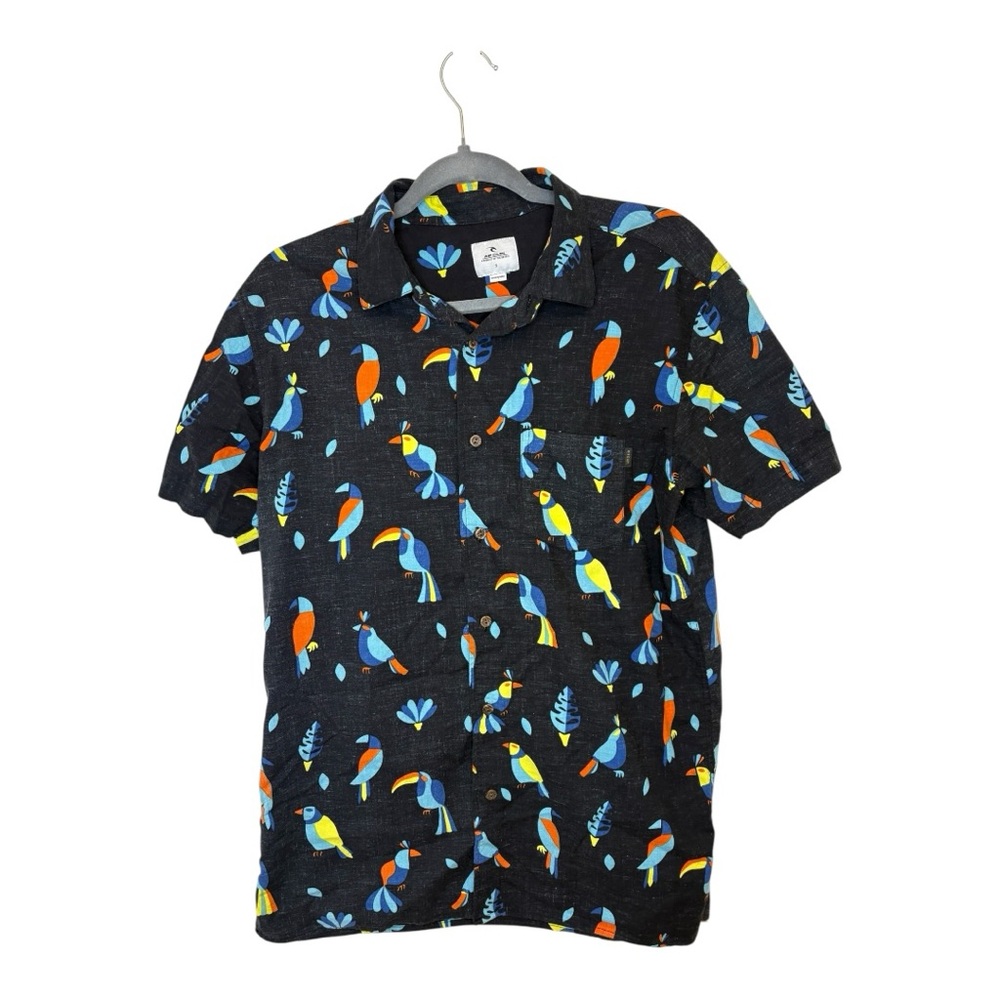 Rip Curl Black Tropical Parrot Toucan Print Button Down Hawaiian Shirt Resort S